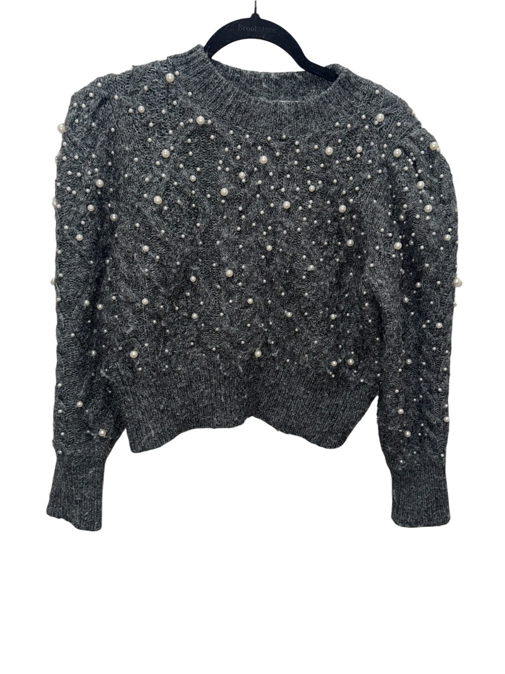 Zara Gray Pearl Embellished Puff Sleeve Sweater Small - Picture 3 of 7